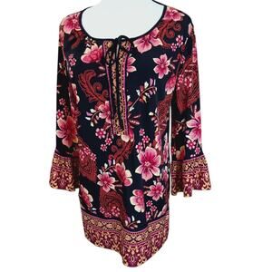 JM COLLECTION Romantic Floral Stretchy Tunic‎ Top Blouse Medium Travel Career